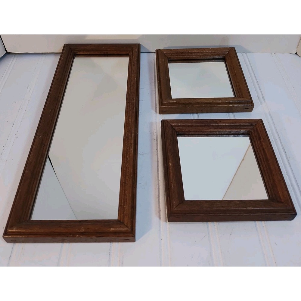 3 Vintage Homco Wood Wall Mirrors 13x5 Rectangular 5x5 Square MCM Farmhouse
